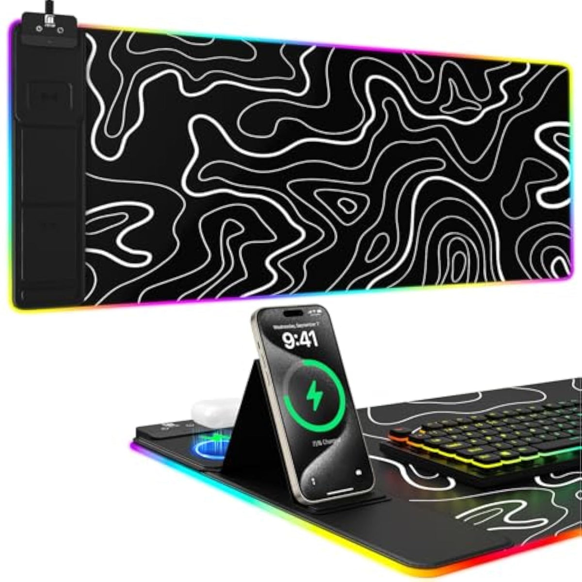Mouse Pad With Phone Holder, Wireless Charging Desk Mat, Rgb Gaming Mousepad Home Office Large Desk Pad With Ultra-Smooth Surface, Non-Slip Base, Waterproof Keyboard Pad,Topographic Black