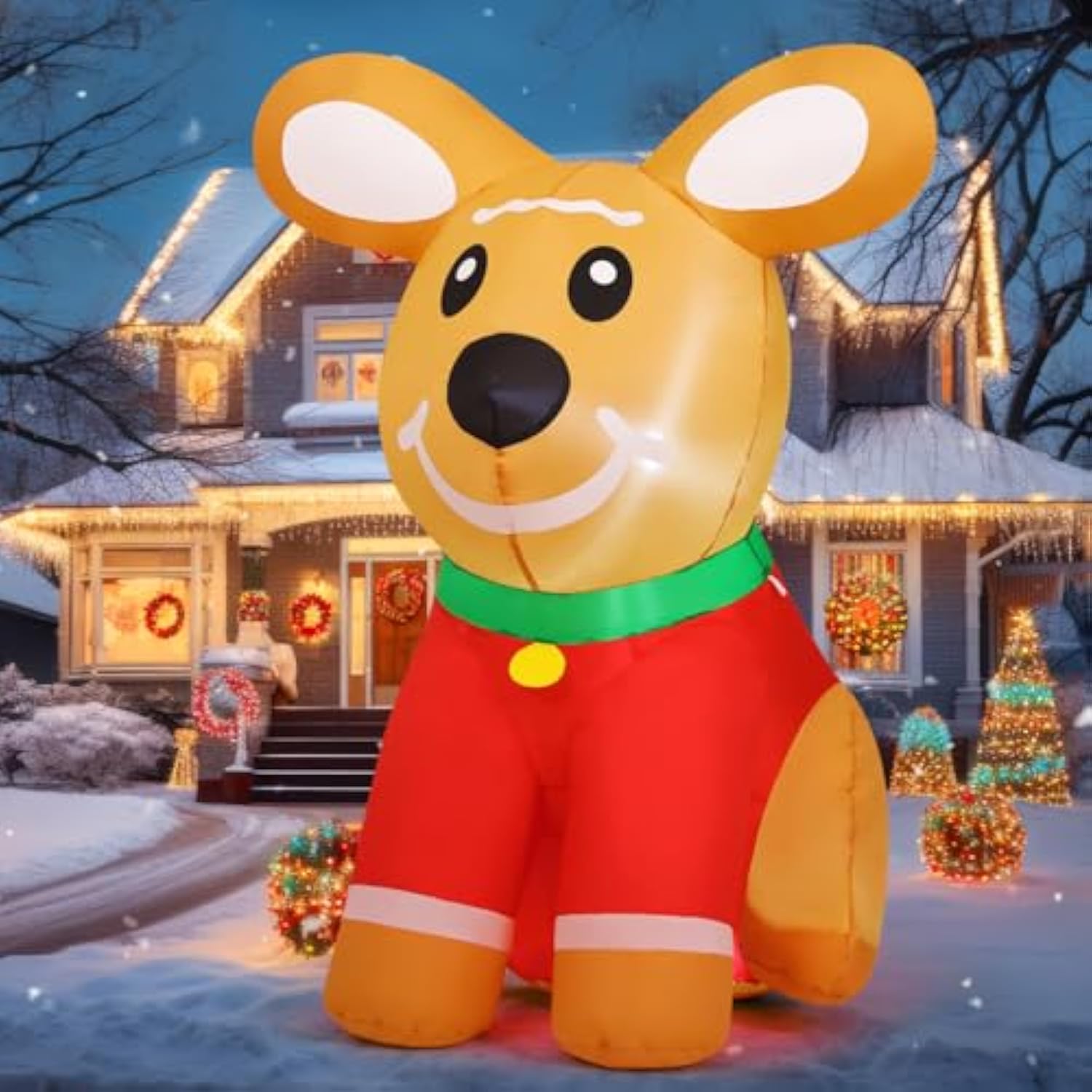 5Ft Christmas Inflatables Outdoor Decorations, Blow Up Cute Gingerbread Dog Inflatable With Built-In Leds For Christmas