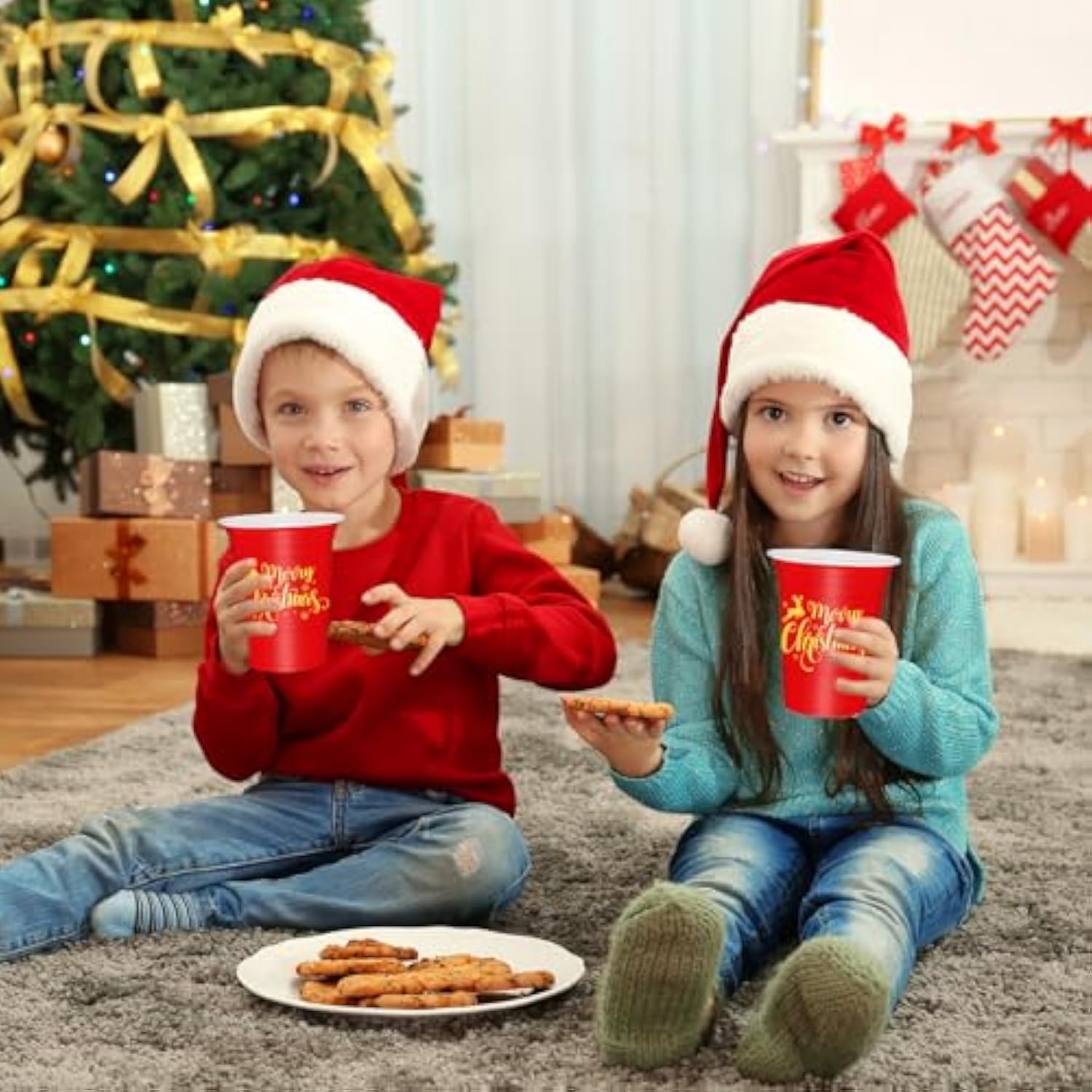 50Pcs Merry Christmas Plastic Cups 16Oz Red Gold Snowflake Deer Design Disposable Cups Decorative Xmas Party Cups For Hot Cold Drinks Coffee Juice Beer Candy Snacks