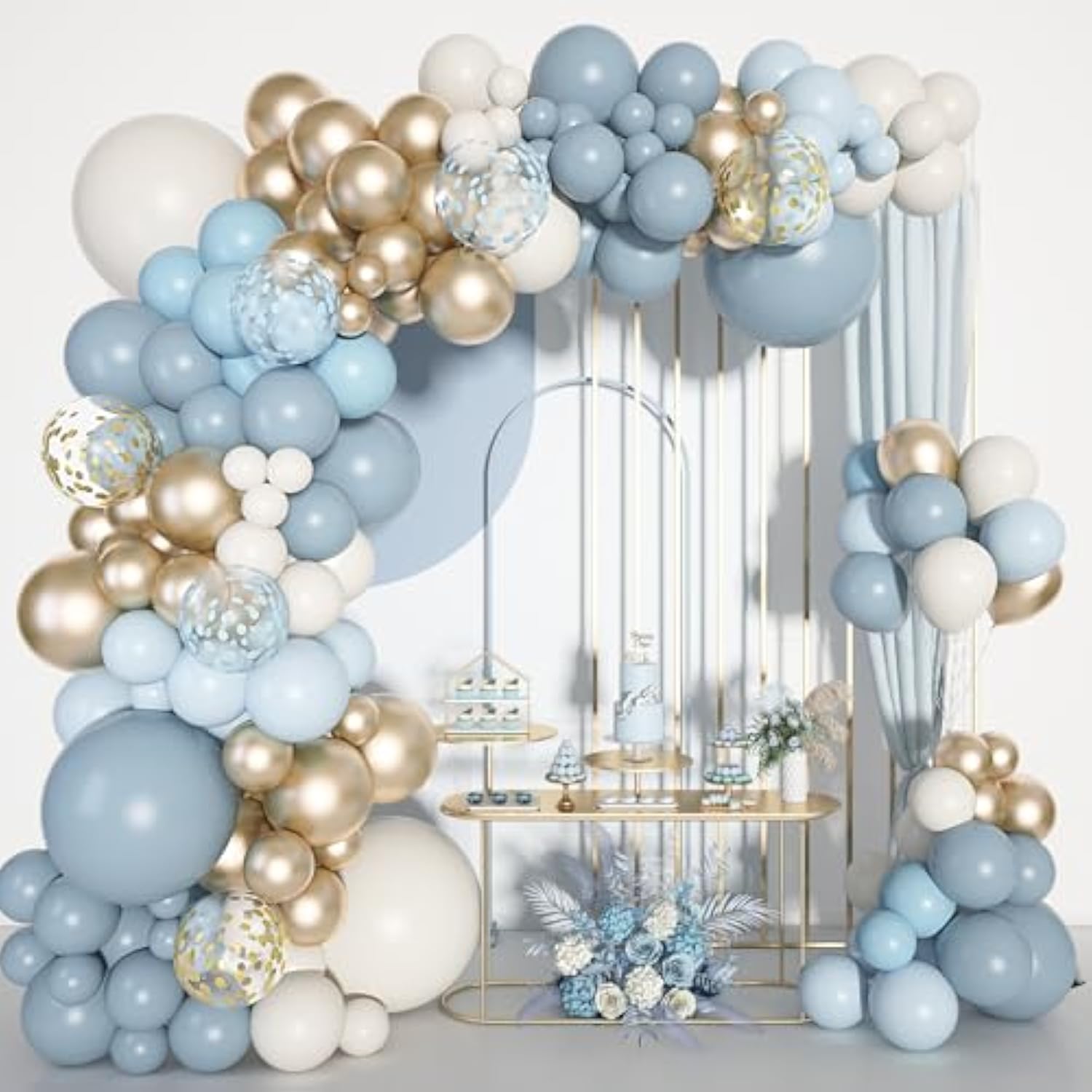 180pc Dusty Blue Balloon Arch Kit with Gold & White Balloons for Baby Shower