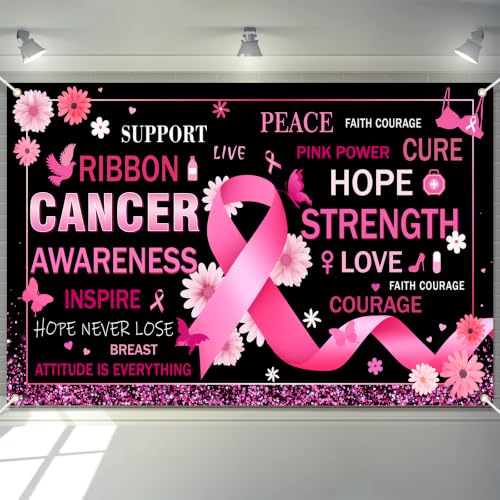 Breast Cancer Awareness Month Backdrop Banner, 72" x 43" Pink Ribbon Decor