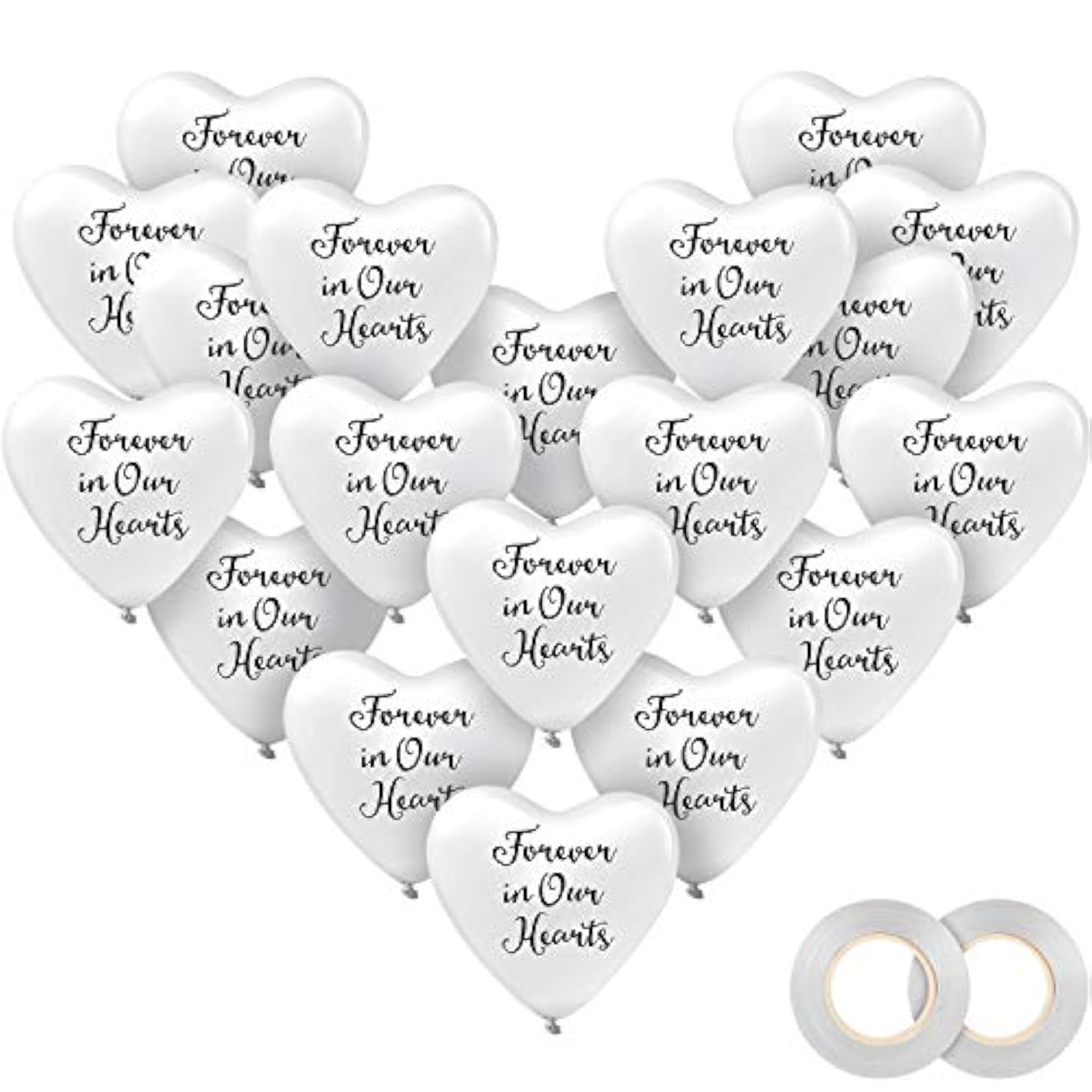 60 White Heart Memorial Balloons with Ribbons – Funeral, Remembrance & Tribute Decor
