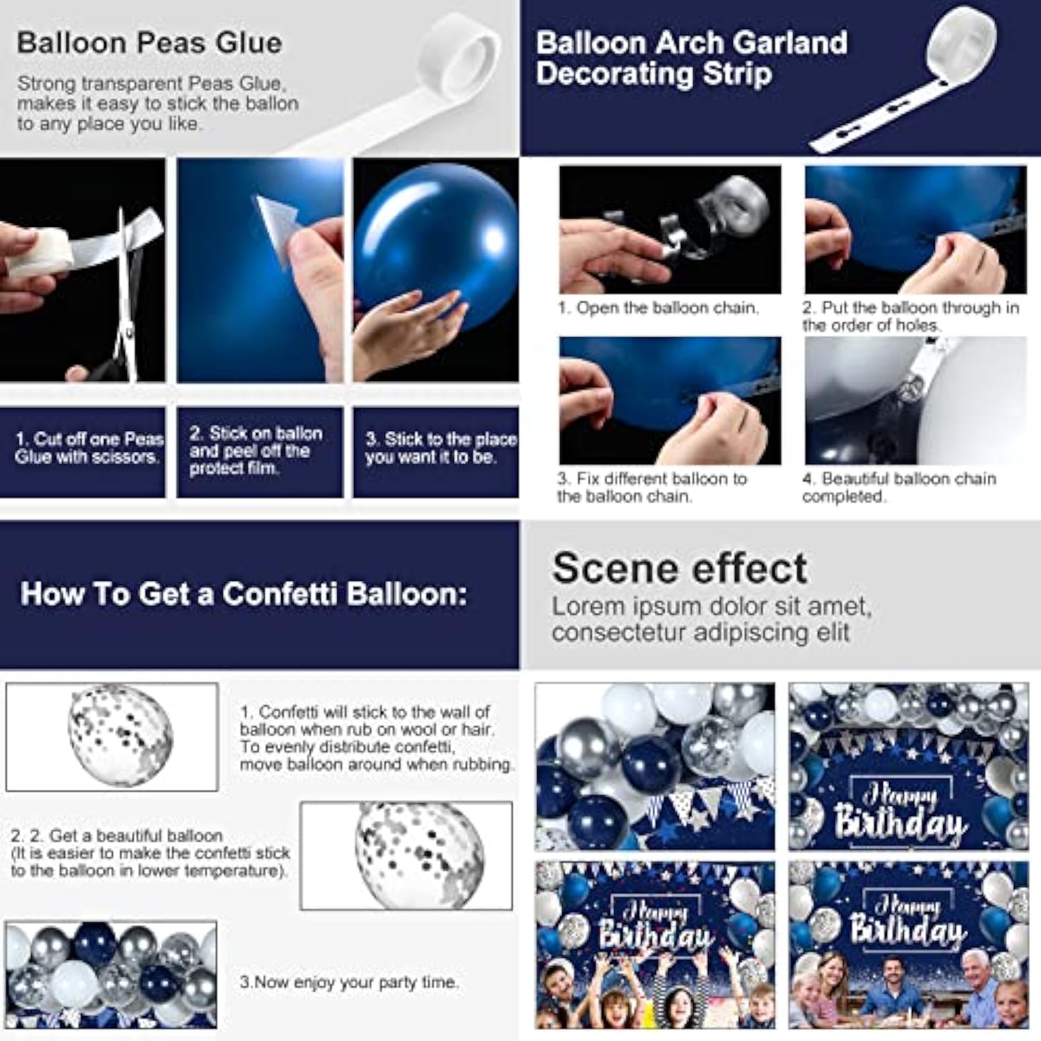 Birthday Party Decorations Confetti Balloons Kit Happy Birthday Photography Backdrop Banner Tablecloths For Boys Girls Men Women Birthday Party Supplies Decor(Navy Blue And Silver)