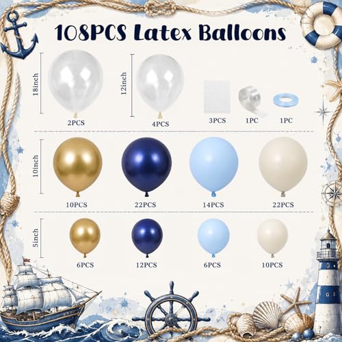 Nautical Balloon Arch Kit, 108 PCS Navy Blue Sand White Gold Clear Balloon Garland for Nautical Theme Baby Shower It’s a Boy Sailor Birthday Anchor Sea Sailing Cruise Ocean Animals Party Decorations
