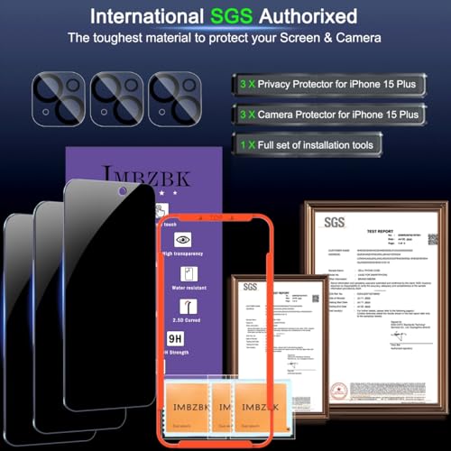 3 Pack Privacy Screen Protector For Iphone 15 Plus Tempered Glass With 3 Camera Lens Protector, Accessories 9H Anti Spy For Apple 15 Plus, 2.5D Curved, Case Friendly, Transparent