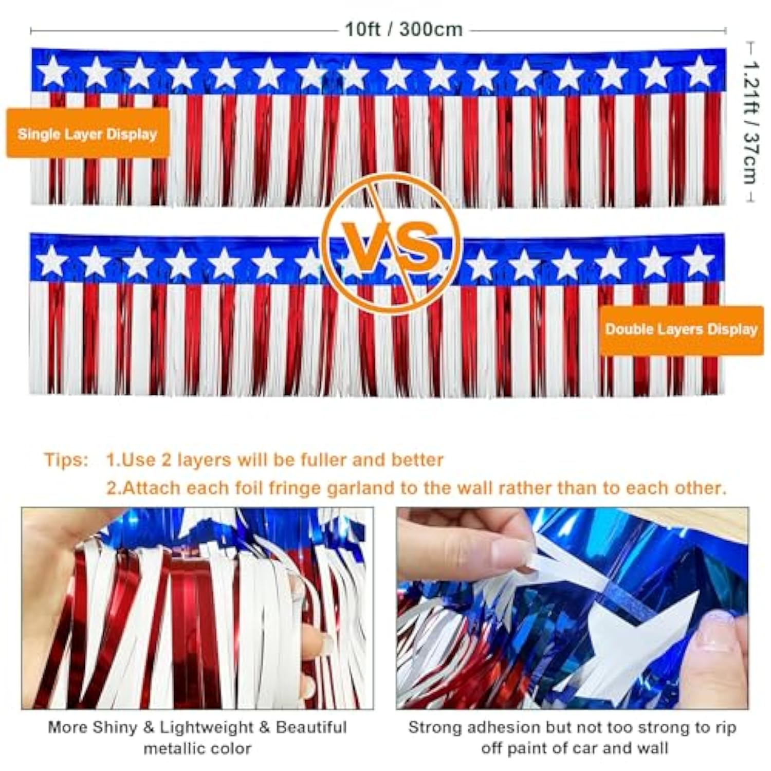4 Packs 39Ft 4Th Of July Parade Floats Foil Fringe, Each 10 Ft X 15'' American Flag Stripes And Stars Tinsel Patriotic Foil Fringe Garland For 4Th Of July Trailer Car Graduation Homecoming Party
