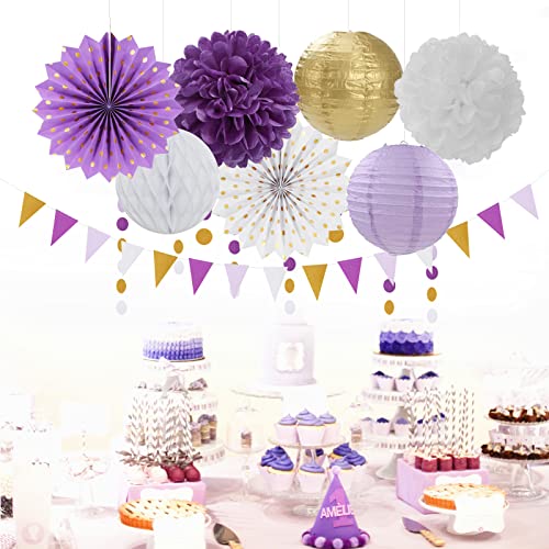 Purple-Gold Party Decorations Streamers Lanterns - 14pcs White Lavender Paper Fan Graduation Woman Birthday Wedding Bridal Shower Tissue Pom Poms,Honeycomb Balls Valentines day Decor