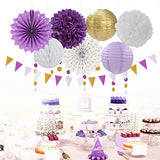 Purple-Gold Party Decorations Streamers Lanterns - 14pcs White Lavender Paper Fan Graduation Woman Birthday Wedding Bridal Shower Tissue Pom Poms,Honeycomb Balls Valentines day Decor