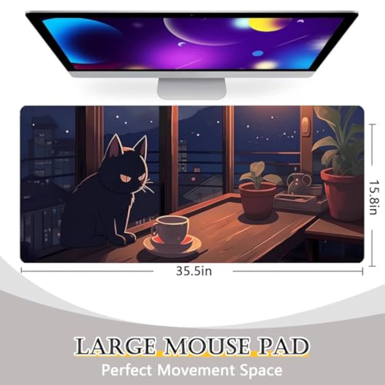 35.5 X 15.8 In Gaming Mouse Pad Cozy Cat Drink Coffee Large Mousepad For Office & Gamers Smooth Surface Non-Slip Waterproof Xxl Long Desk Mat Compatible With All Mouse Types