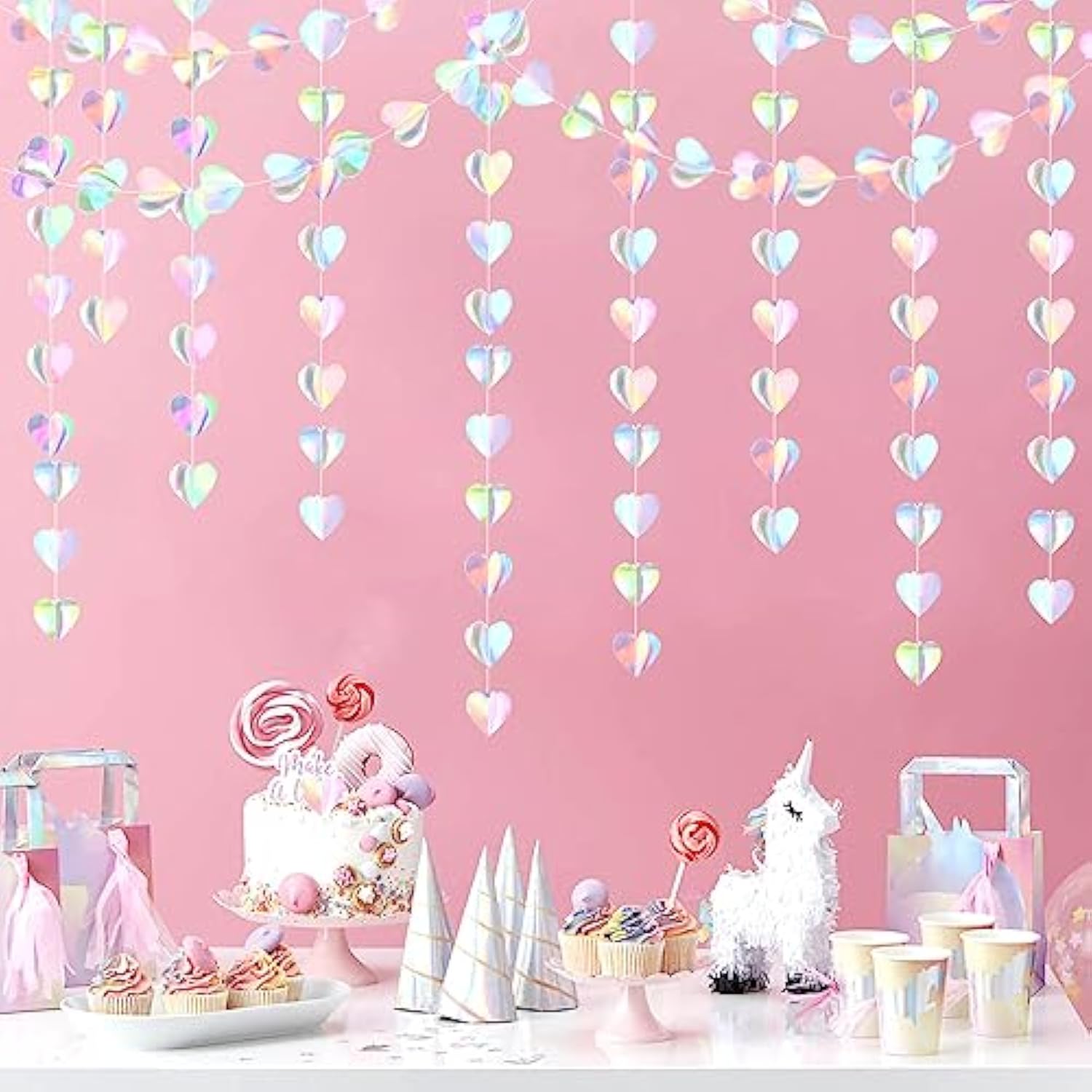 Iridescent Disco Heart Garland 39Ft Neon Paper Streamers Banner Wedding Party Decor