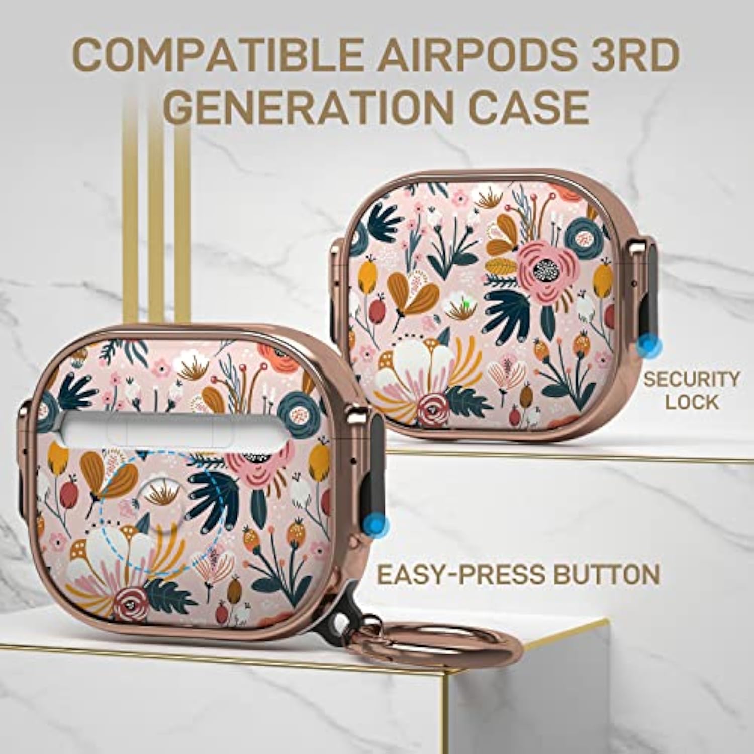 For Airpods 3 Case With Lock, Flower Airpod 3 Case Lock Protective Cute Airpod 3Rd Generation Cover For Women Girly With Keychain For Airpods 3Rd Generation 2021 Cover, Floral