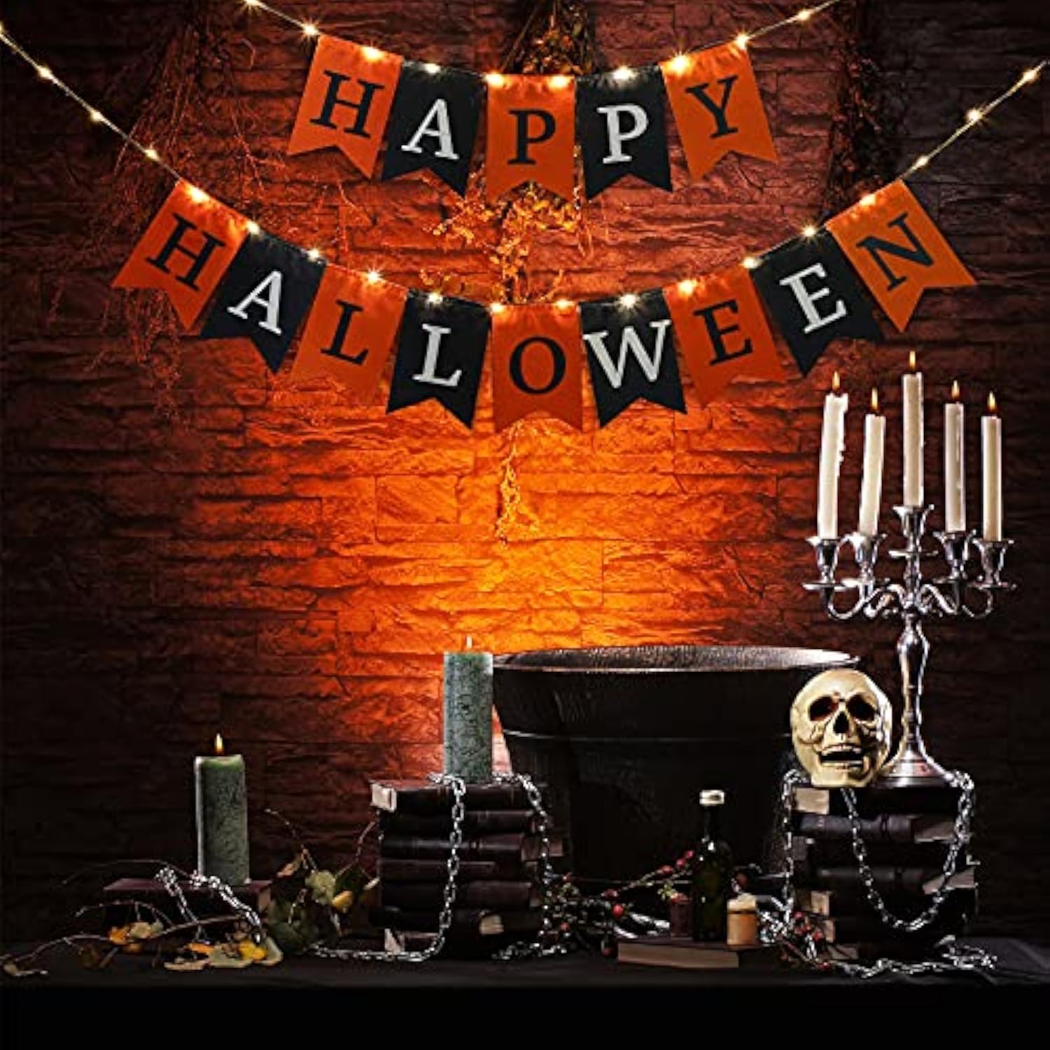 Happy Halloween Fabric Banner with String Light Black Orange Flag for Fireplace Mantel Decor