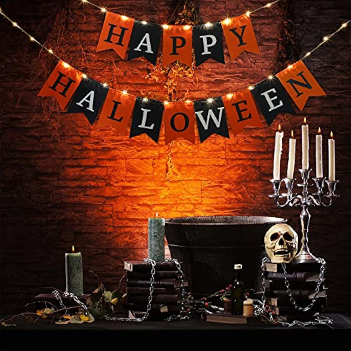Happy Halloween Fabric Banner with String Light Black Orange Flag for Fireplace Mantel Decor