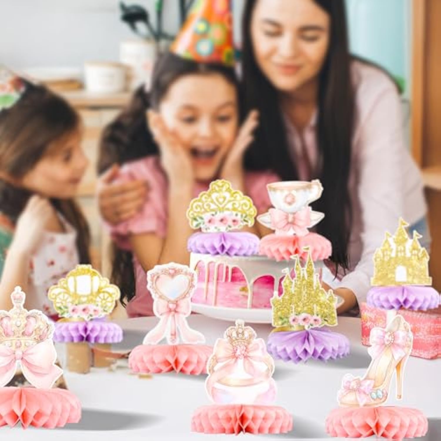 9 Pack Floral Princess Honeycomb Centerpieces Pink And Gold Castle Crown Carriage Party Table Decorations For Princess Theme Party Decorations Supplies