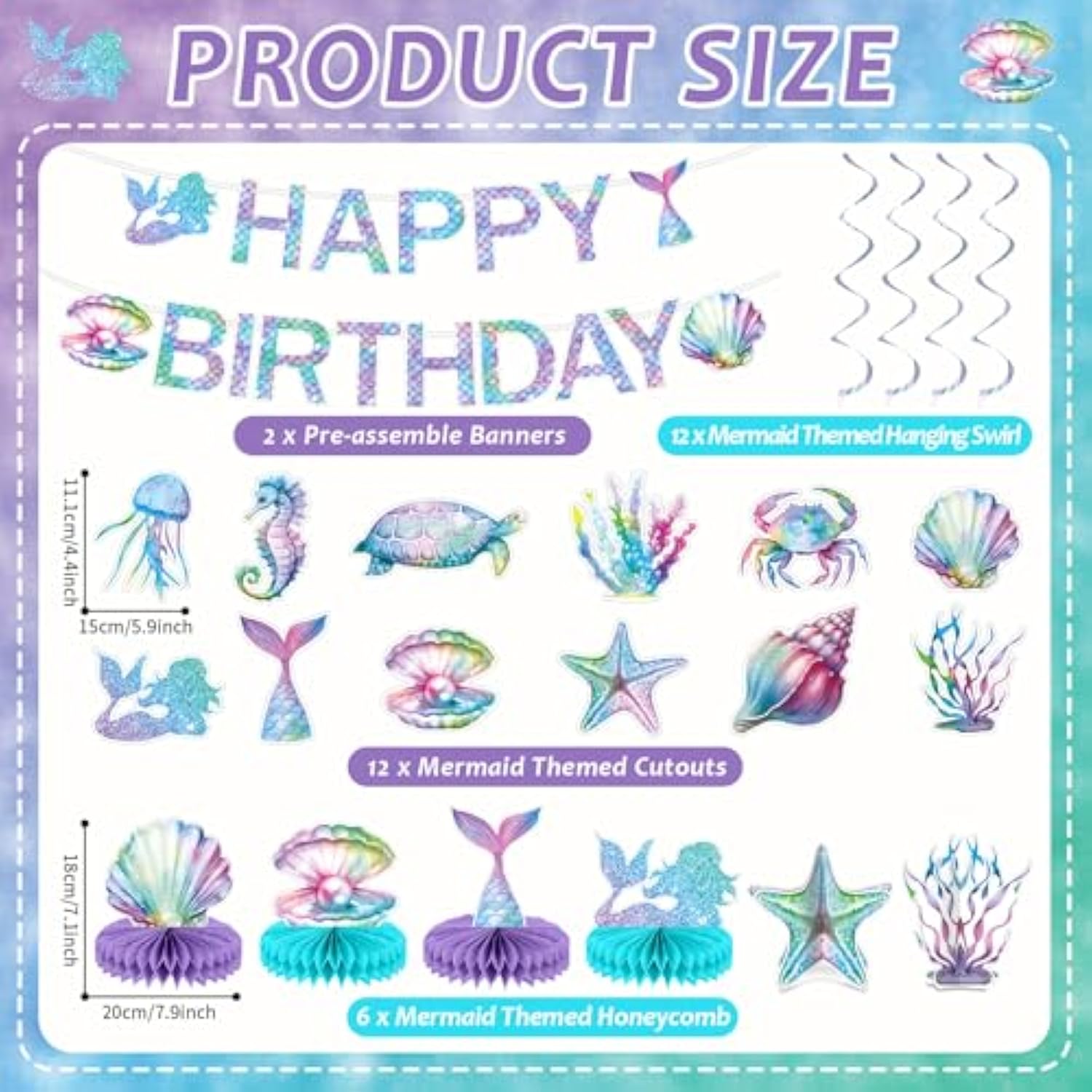Mermaid Birthday Decorations Mermaid Party Honeycomb Centerpieces, Hanging Swirls Happy Birthday Banner Kit Ocean Mermaids Cutouts For Kids Under The Sea Baby Shower Party Supplies