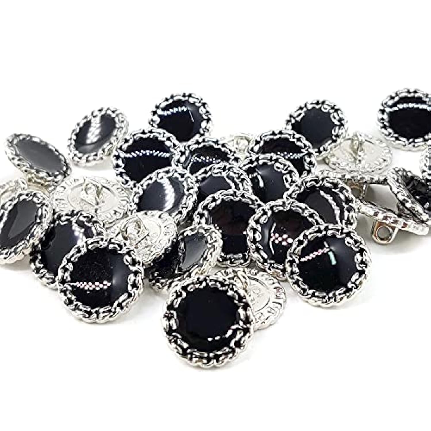 Classic Silver Metal Base Black Enamel Sewing Shank Buttons 20 Pcs - 1