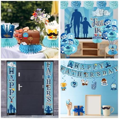 Fathers Day Decorations - Blue Happy Father’s Day Party Supplies with Banner,Backdrop,Porch Sign,Honeycomb Centerpiece,Best Dad Ever Decoracion Para El Dia Del Padre