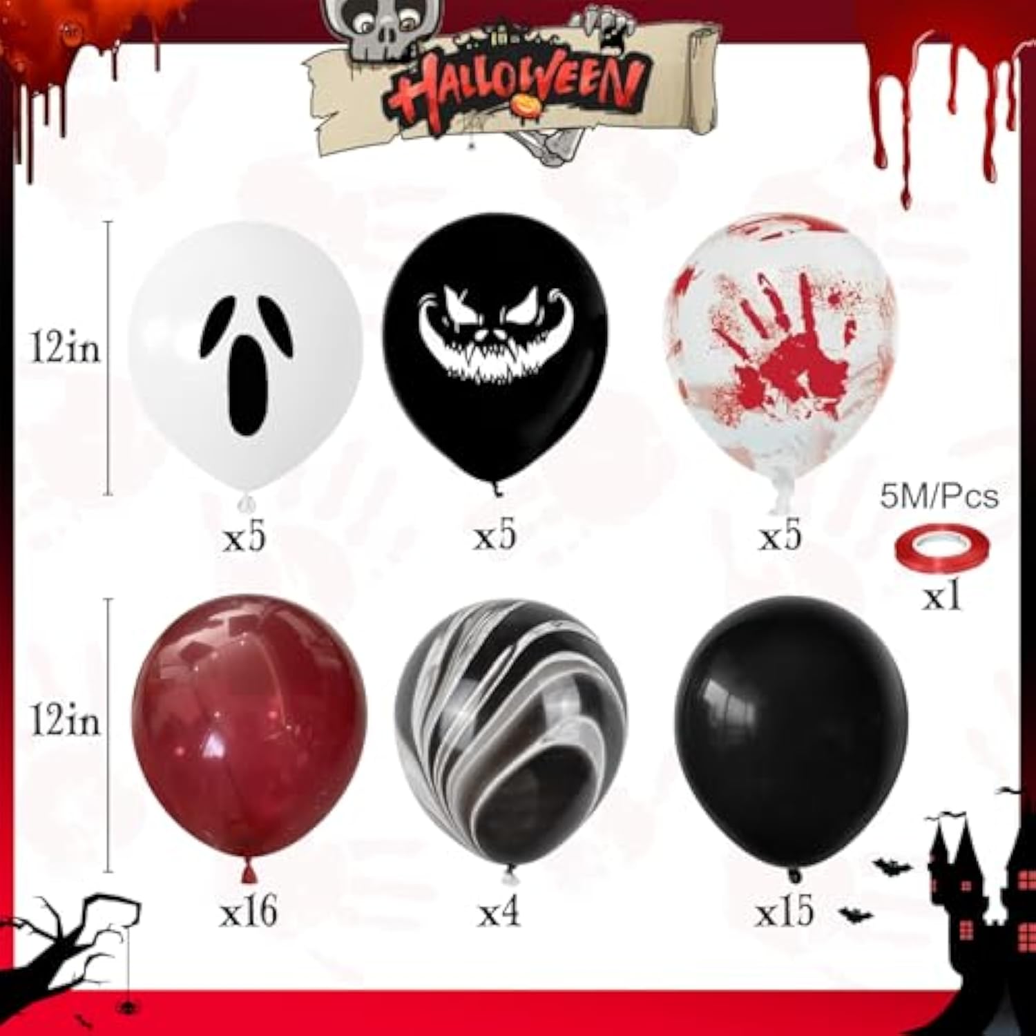 Spooky Halloween Balloon Set: Red, Black, Ghost Print (51PCS)