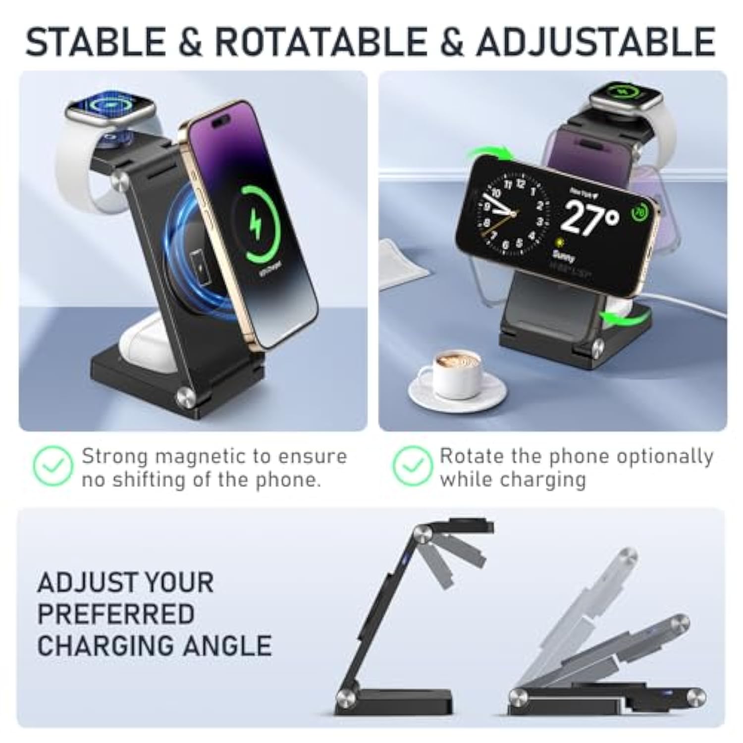 Magnetic Wireless Charger Stand, 3 In 1 Foldable Wireless Charging Station, Travel Charger For Multiple Devices For Iphone 16 15 14 13 12 Series, Apple Watch Ultra/9/8/7/6/5/4/3/2, Airpods