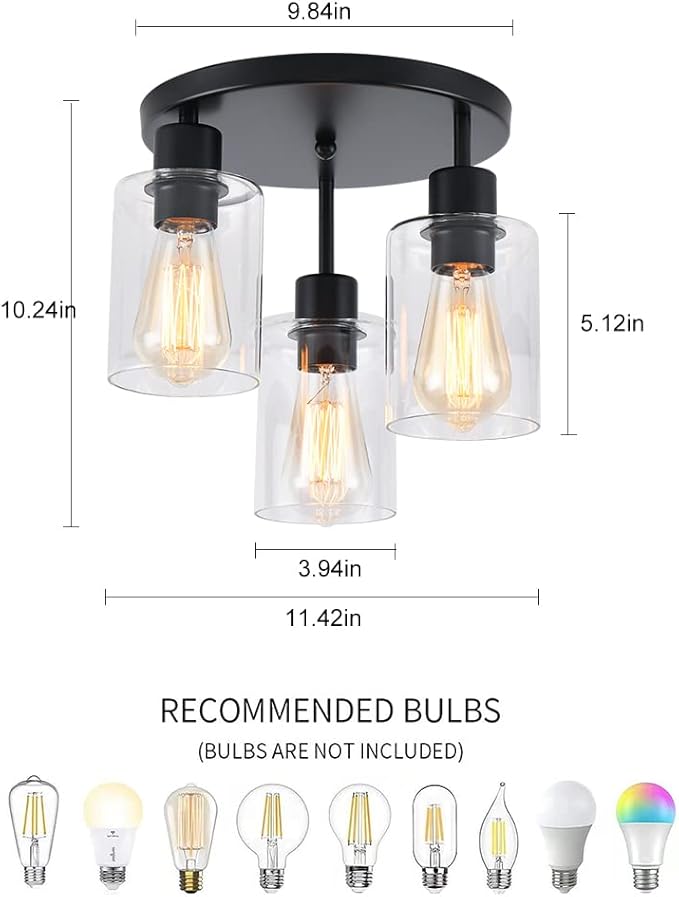 3 Light Industrial Farmhouse Ceiling Light Black Matte Semi Flush Mount with Glass Shades
