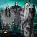 3 Pack Hanging Halloween Skeleton Ghost Decorations, 49.2" Large Grim Reaper with Adjustable Arms and 2 Pcs 31.4" Flying Skull Ghosts for Indoor Outdoor Yard Porch Tree Haunted House Decor