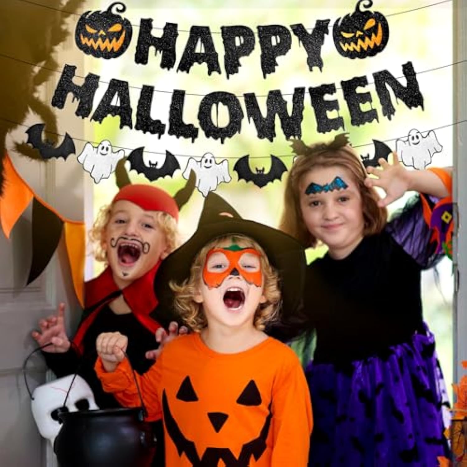 Black Glitter Halloween Banner: Spooky Pumpkin, Ghost & Bat Garland