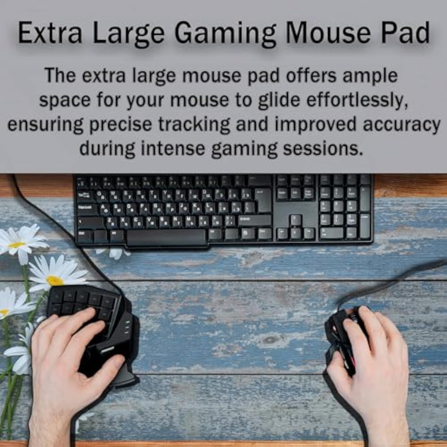 Computer Desk Mat Mouse Pad, Big Non-Slip Rubber Base Mousepad For Pc, Work, Game, Office, Home - 35.4 X 15.7 Inch - Daisy Flowers On Old Wooden