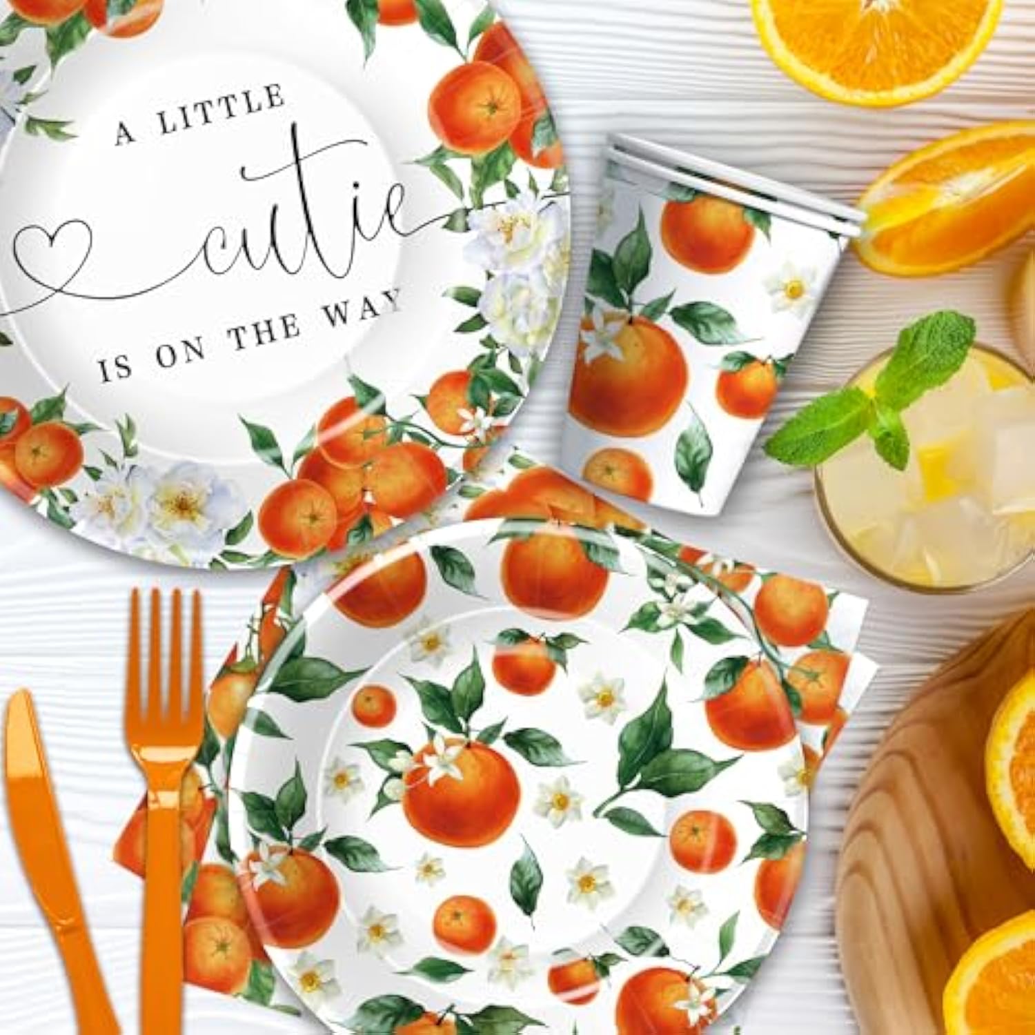 Little Cutie Baby Shower Decorations Tableware, Fruit Orange Baby Shower Decorations, Paper Plates And Napkins, Cup, Cutlery | Serves 24