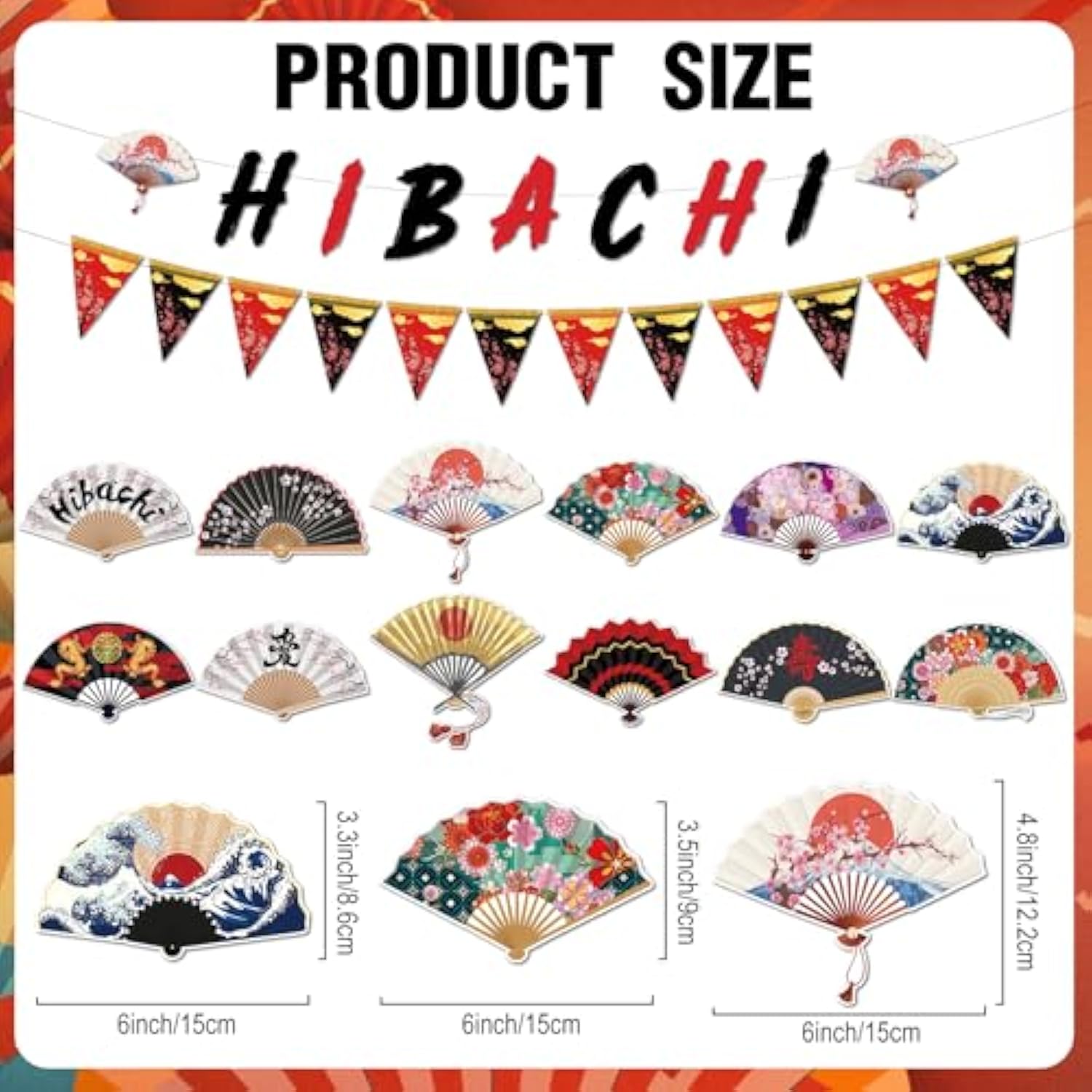 Hibachi Birthday Party Decorations - 14 Pcs Red Banner Pennant Garland Folding Fans Hanging Swirls Set Cherry Blossom Plum Dragon Asian Japanese Theme Supplies Favors Wall Ceiling Decor