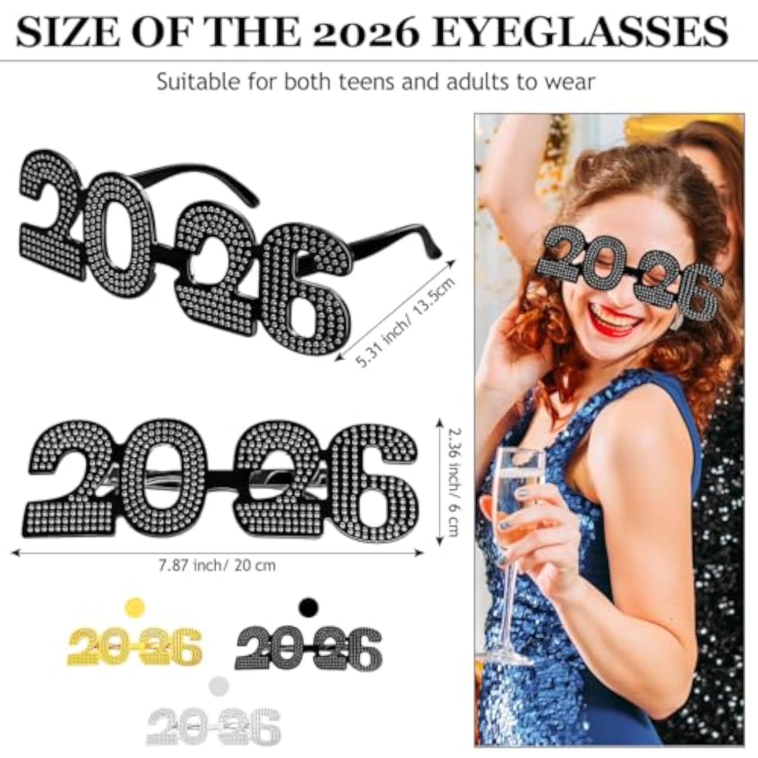 6pcs 2026 New Year Glitter Number Sunglasses Party Photo Prop