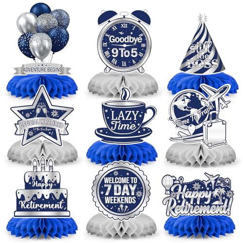 9 Pcs Retirement Party Decorations Honeycomb Centerpieces, Blue Silver Happy Retirement Table Decorations, Funny Officially Retired Table Toppers for Men Women Party Supplies