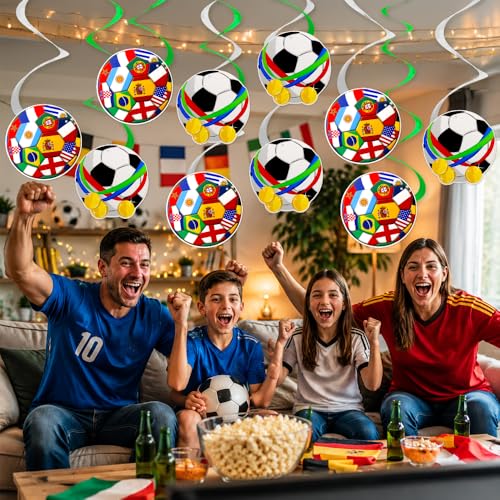 Soccer Hanging Decorations, 28 PCS Soccer Flag Hanging Swirl Decoration with Foil Wall Ceiling Streamers, Sports Soccer Party Decorations Swirls for Sports Event Game Day Birthday Party Supplies
