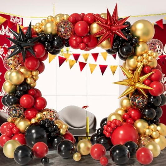 Red Black Gold Balloon Garland Arch Kit 158Pcs With Red Black Gold Confetti Balloons, Star Foil Balloons, For Graduation New Year Anniversary Birthday Party Decorations