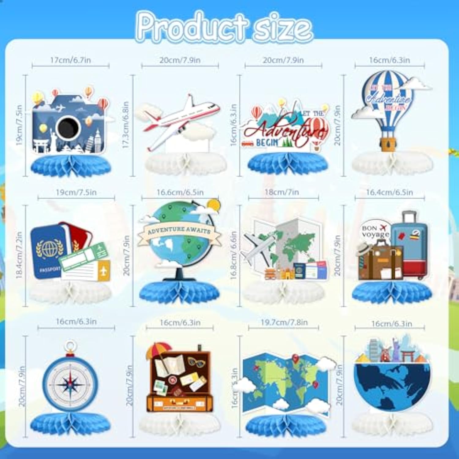 12Pcs Travel Themed Party Decorations Travel Honeycomb Centerpieces Bon Voyage Party Decor Adventure Awaits Table Toppers For Baby Shower Retirement Birthday Party