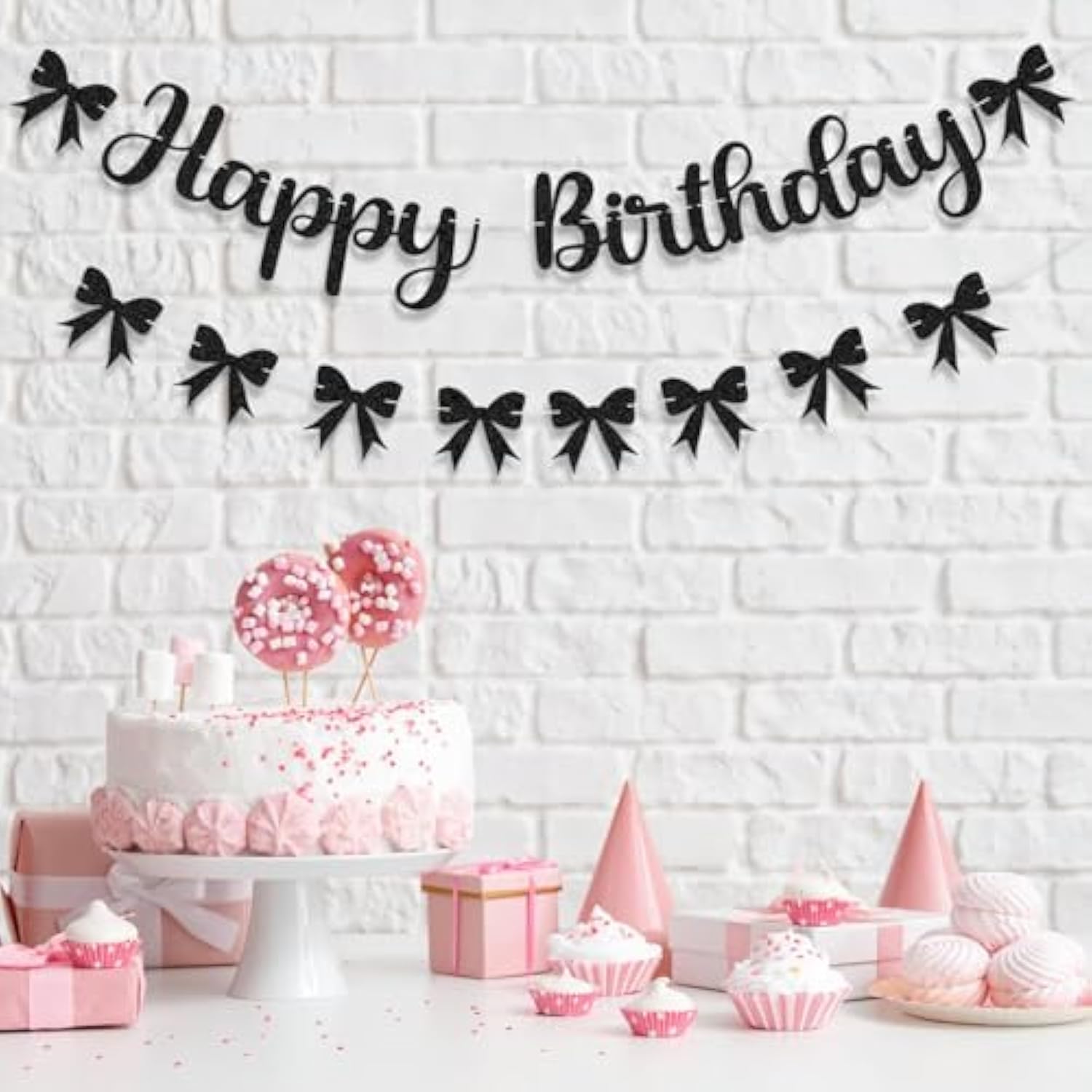 Black Bow Birthday Decorations Happy Birthday Banner Black Bow Bunting Garland Glitter Photo Props Satin Ribbon Hanging Swirls Party Decor For Boys Girls Bachelorette Themed Party Supplies