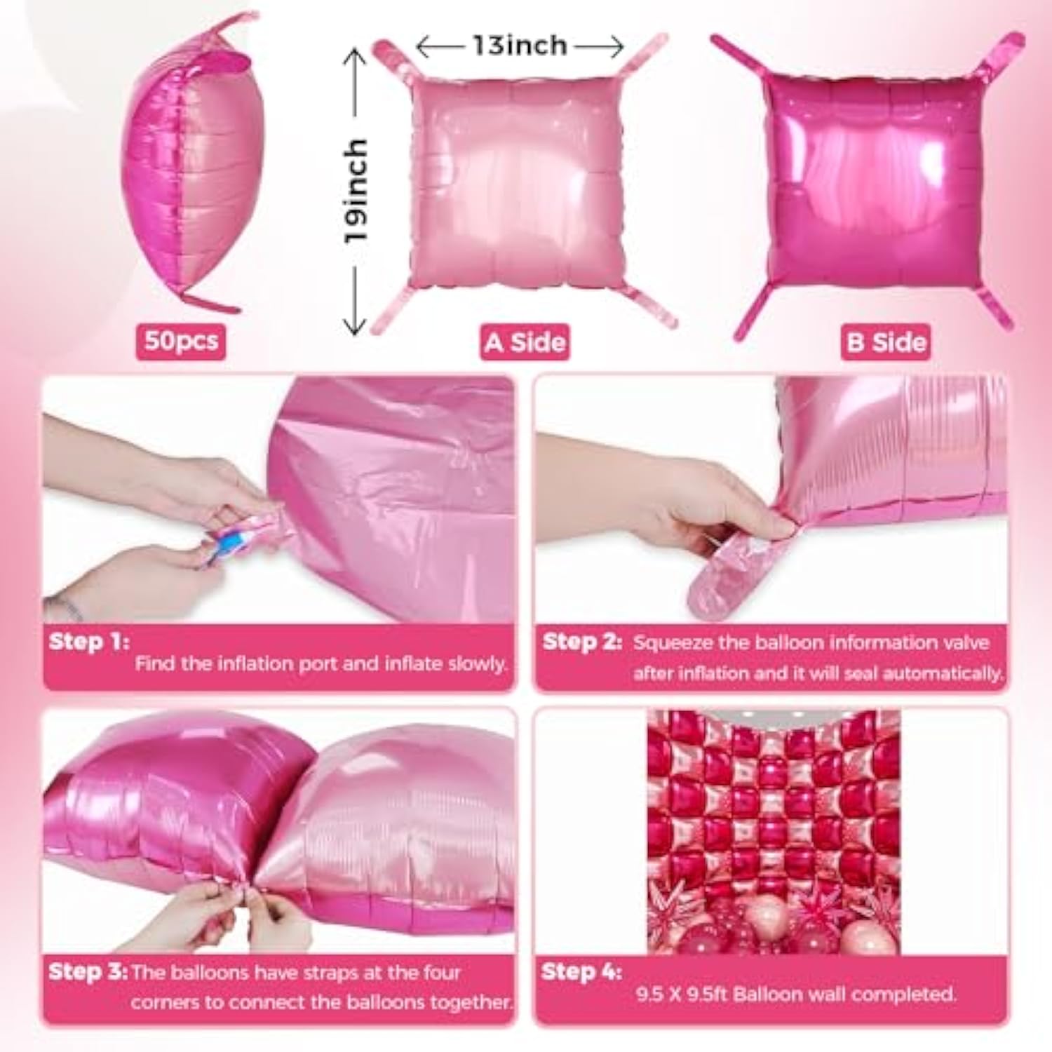 197pcs  Hot Pink Square Foil Balloons & Garland Kit for Party Decorations