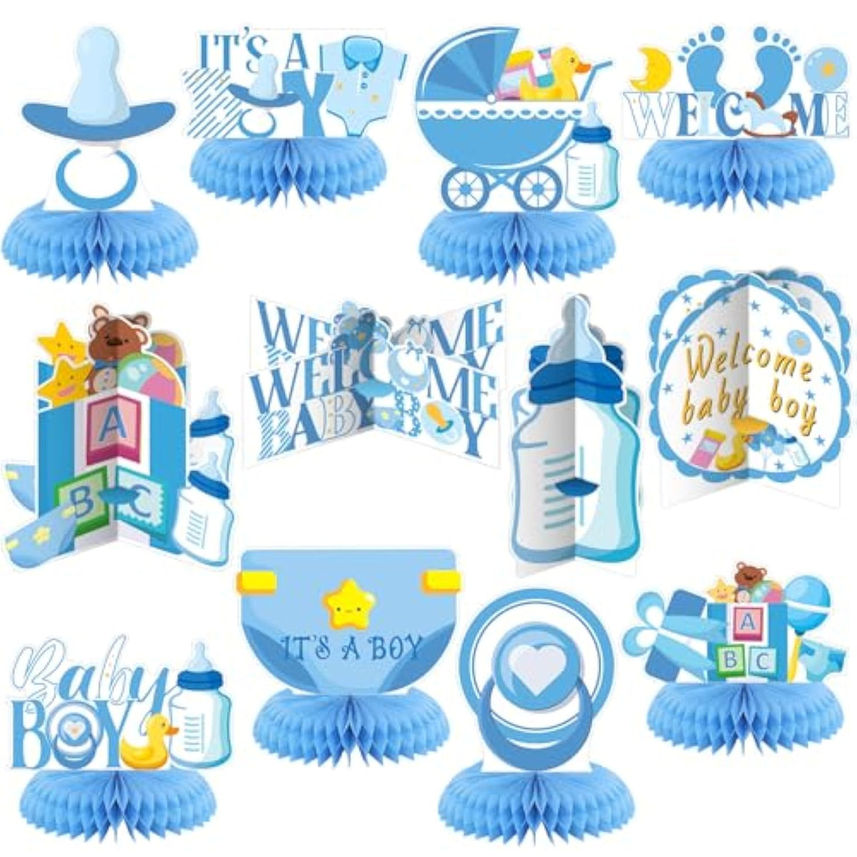 12Pcs "It's a Boy" Baby Shower Honeycomb Centerpieces – Blue Table Decorations