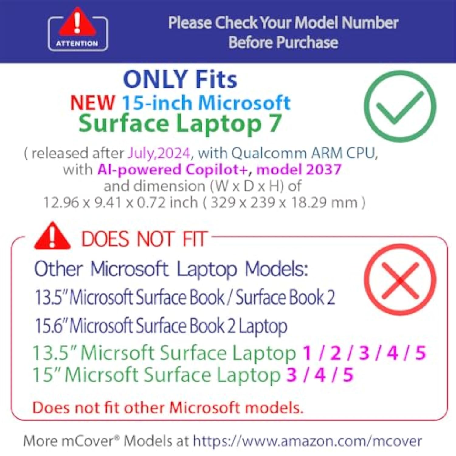 mCover Case ONLY Compatible for 2024+ 15" Microsoft Surface Laptop 7 (Model# 2037) Windows PC with ARM CPU and AI-Powered Copilot+ (NOT Fitting Other Surface Models) - Pink