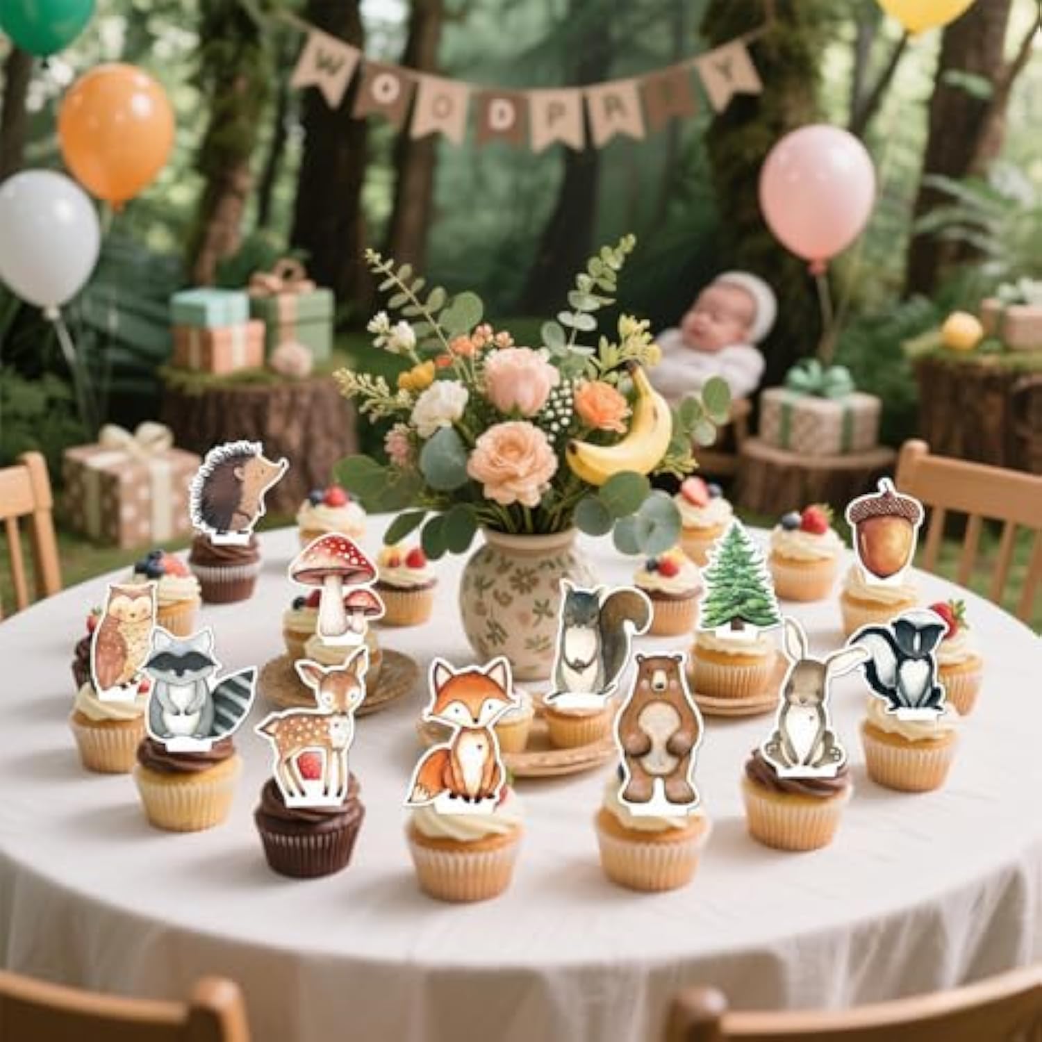 48 Woodland Cupcake Topper, Forest Animal Cupcake Toppers For Woodland Baby Shower Decorations, Neutral Forest Animals Gender Reveal Party Supplies