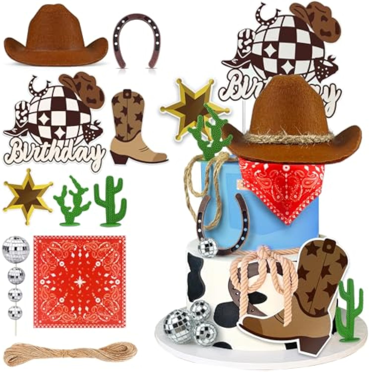 Cowboy/Cowgirl Cake Topper with Hat & Scarf for Western Birthday or Baby Shower