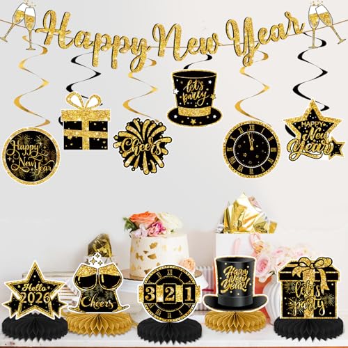Happy New Year Decorations 2026 Kits, New Year Eve Party Supplies with Banner Hanging Swirl Streamers Table Centerpieces Table Toppers Decor for NYE Decorations