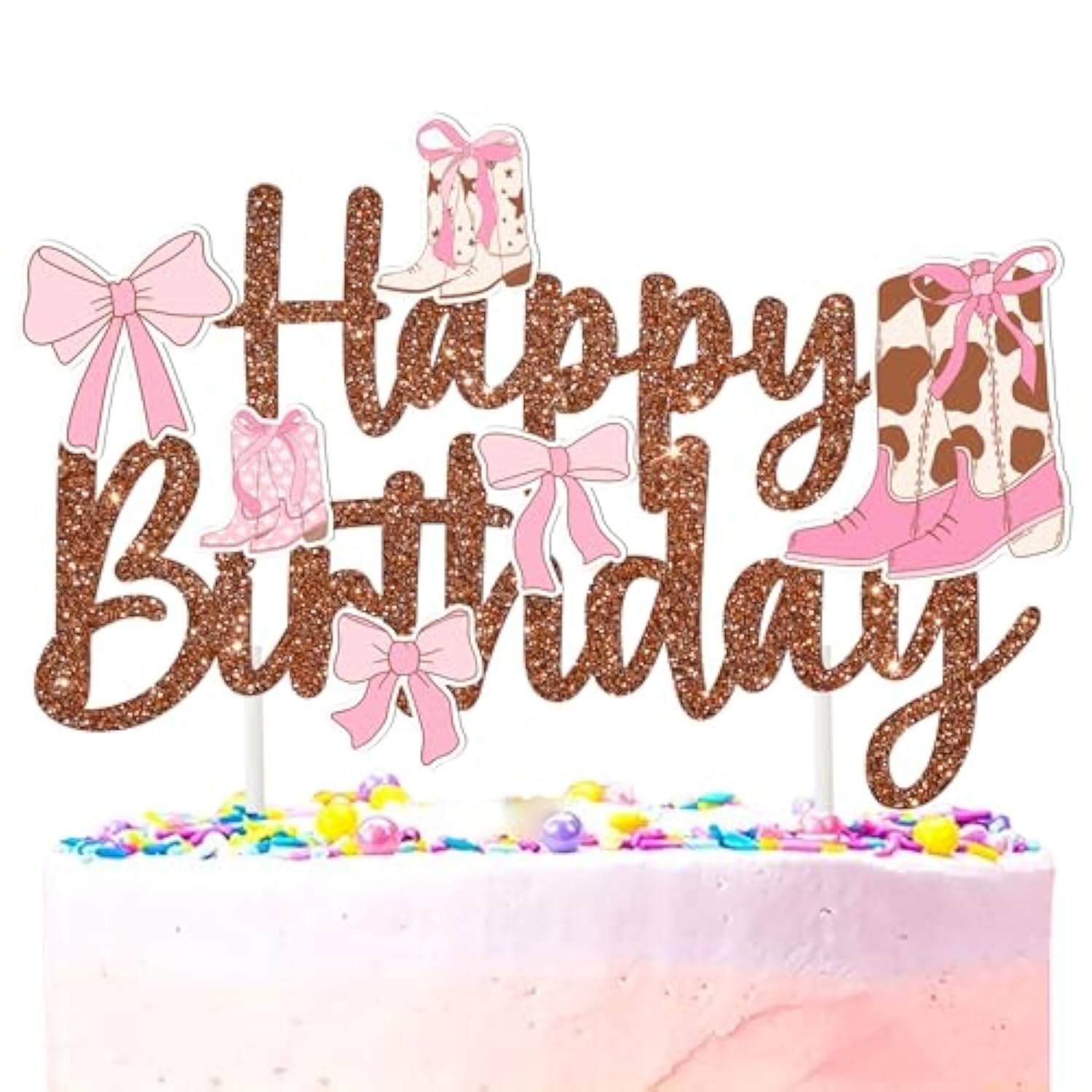 Coquette Cowgirls Birthday Cake Topper Boots And Bows Cake Decorations Glitter Brown Western Cowgirl Birthday Party Decorations Boots Bow Cake Picks For Wild West Baby Shower Supplies