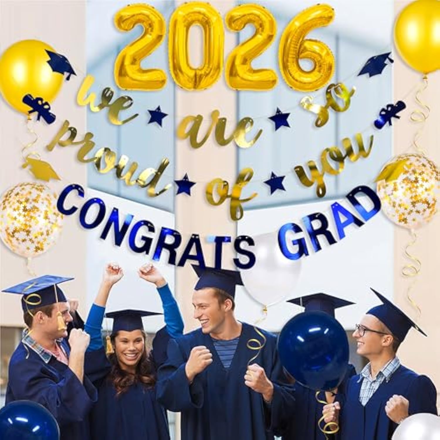 Navy Blue Gold 2026 Graduation Party Decorations Foil Balloon 2026 We Are So Proud Of You Congrats Grad Graduation Banner Blue Gold Cap Diploma Star Garland For Congratulations Party Decor Supplies