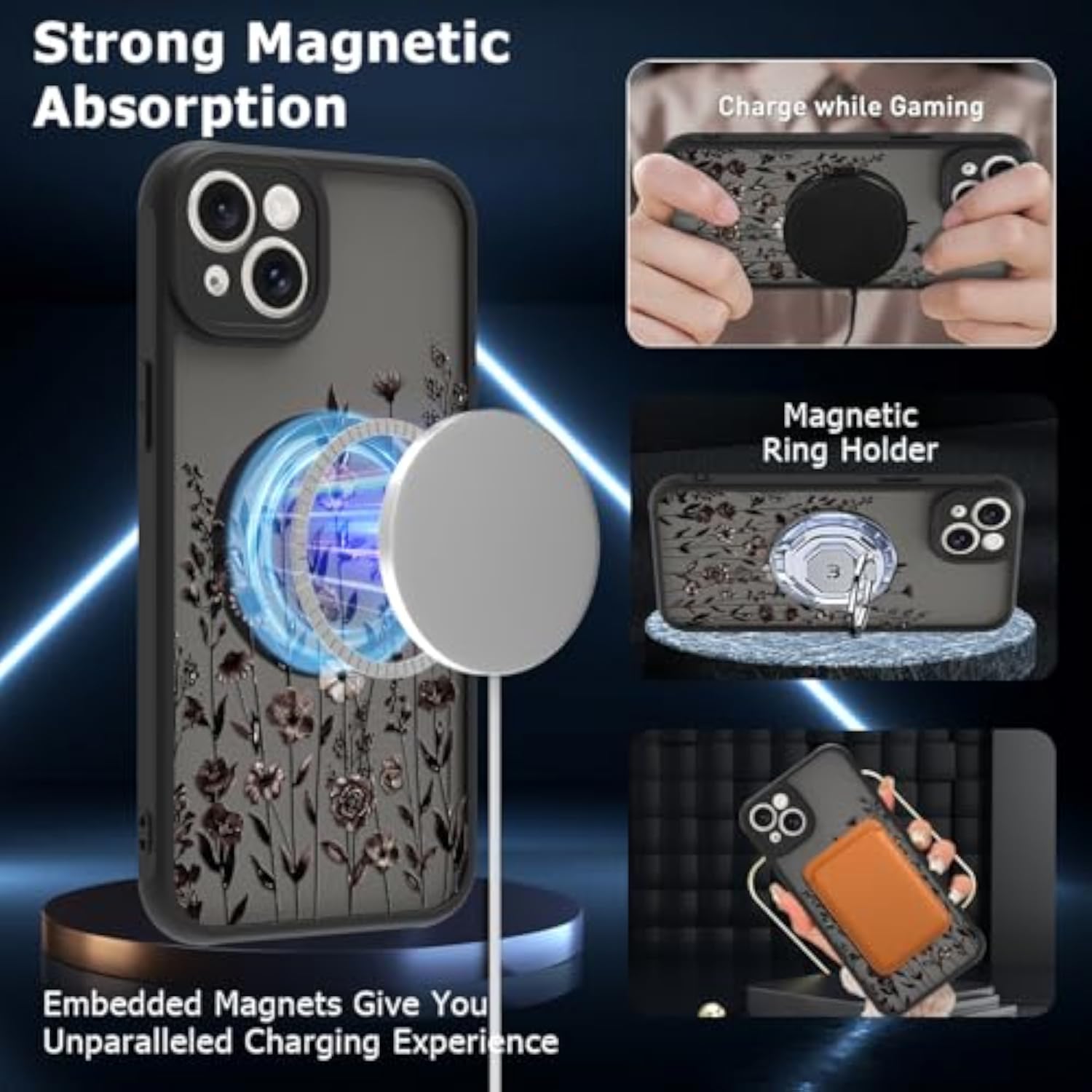 Magnetic iPhone 14 Case for Women with Black Floral Design