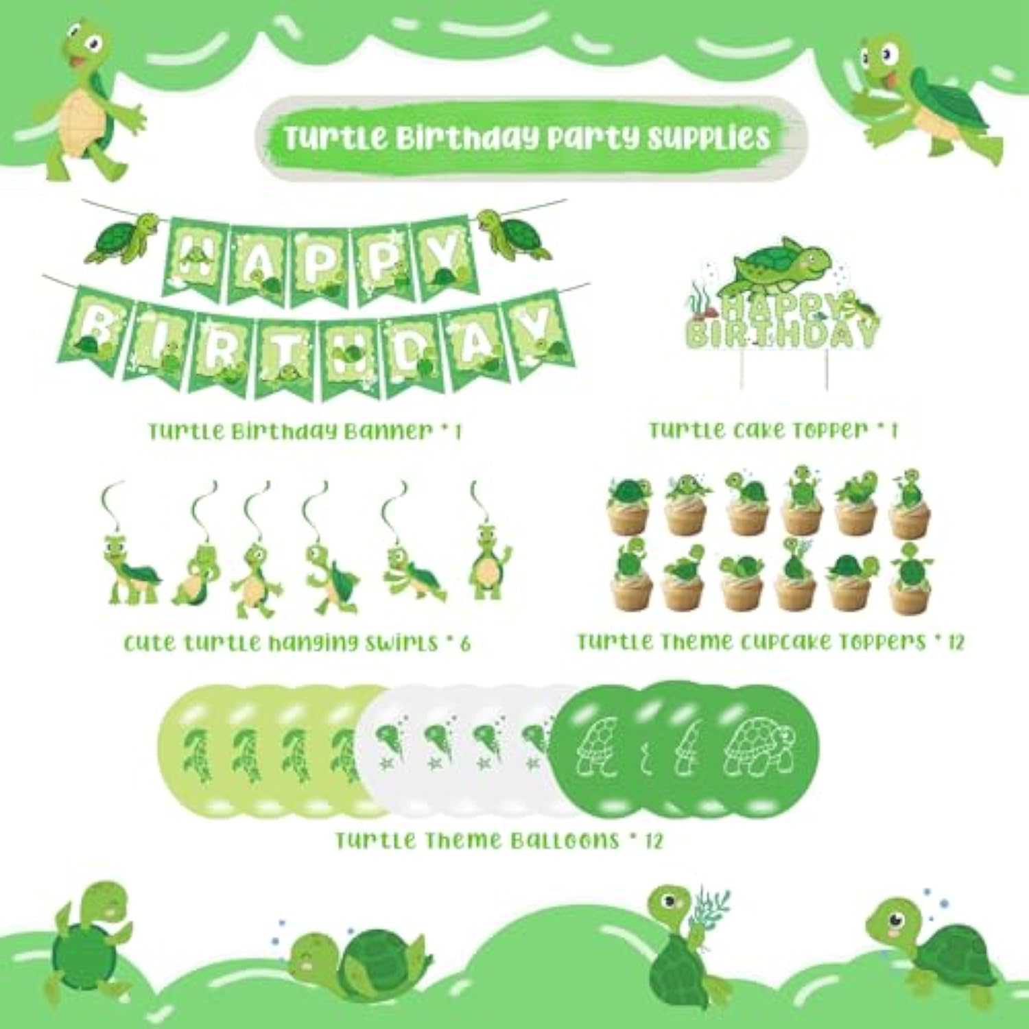 Cute Turtle Party Supplies - Birthday Banner, Hanging Swirls, Green Turtle Baby Cake Toppers, Balloons For Kids Animal Theme Baby Shower, Birthday Party Decors