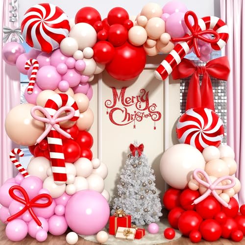 130pcs Merry Christmas Balloon Arch Kit, Red White Xmas Balloon Garland with Red & Pink Bow Balloons and Candy Cane Foil Balloon for Christmas Holiday Birthday New Year Candy Themed Party Decorations