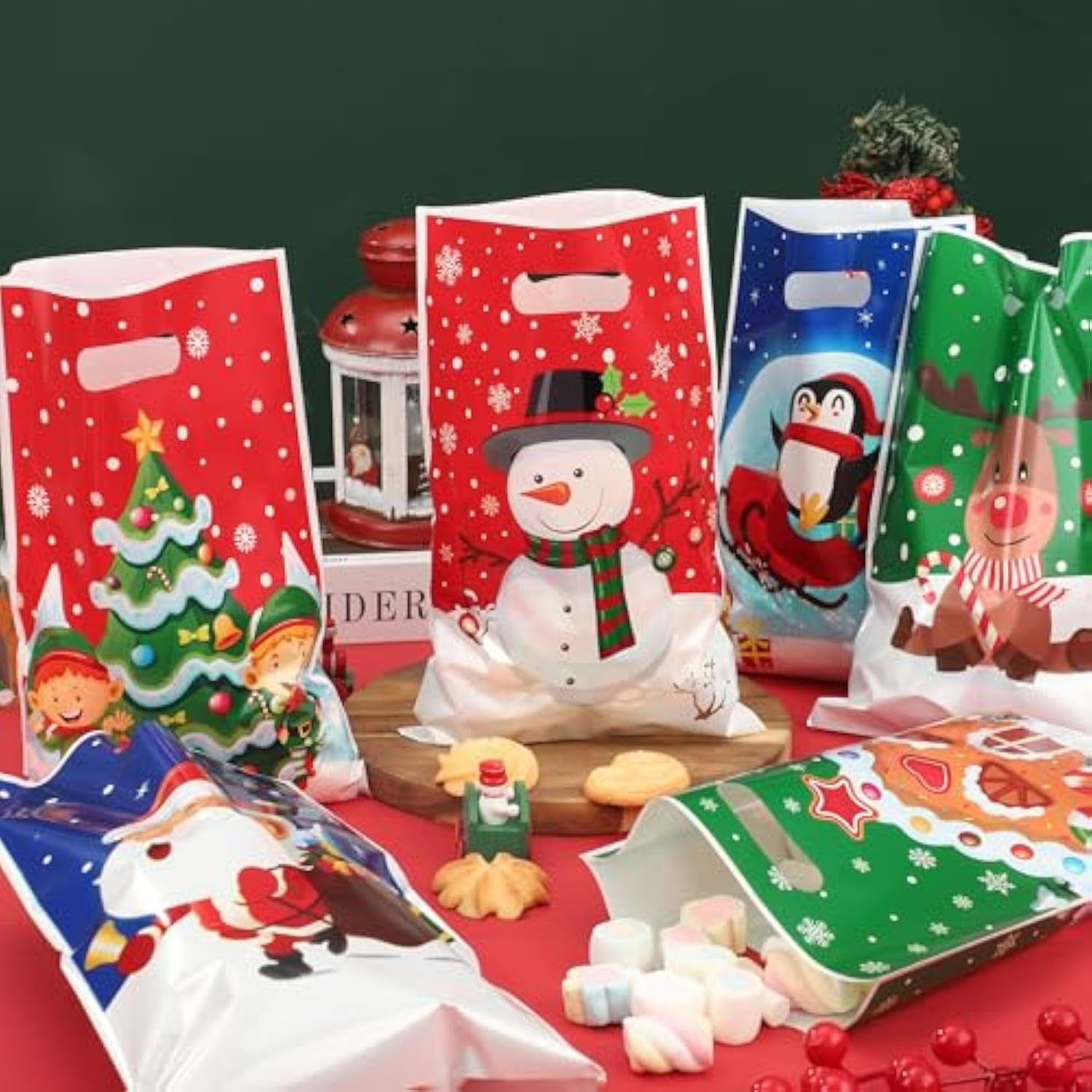 120 Pcs Christmas Plastic Gift Bags 6 Styles Christmas Goodie Bag With Handle Santa Claus Snowman Elf Treat Candy Bags Bulk Reindeer Penguin Party Favor Bag For Xmas Holiday Party Supplies