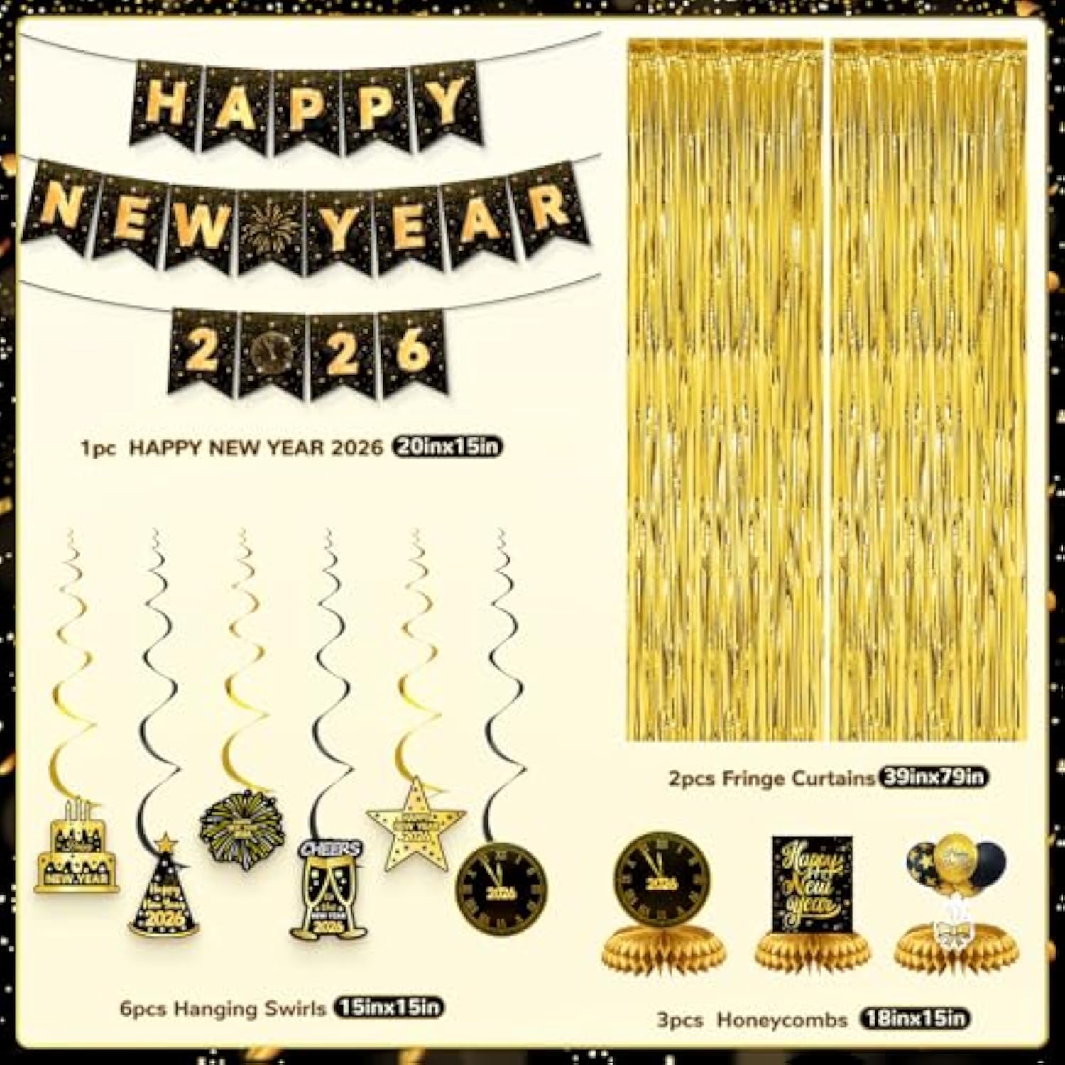Black Gold New Year 2026 Party Decorations with Banner, Balloons & Backdrop