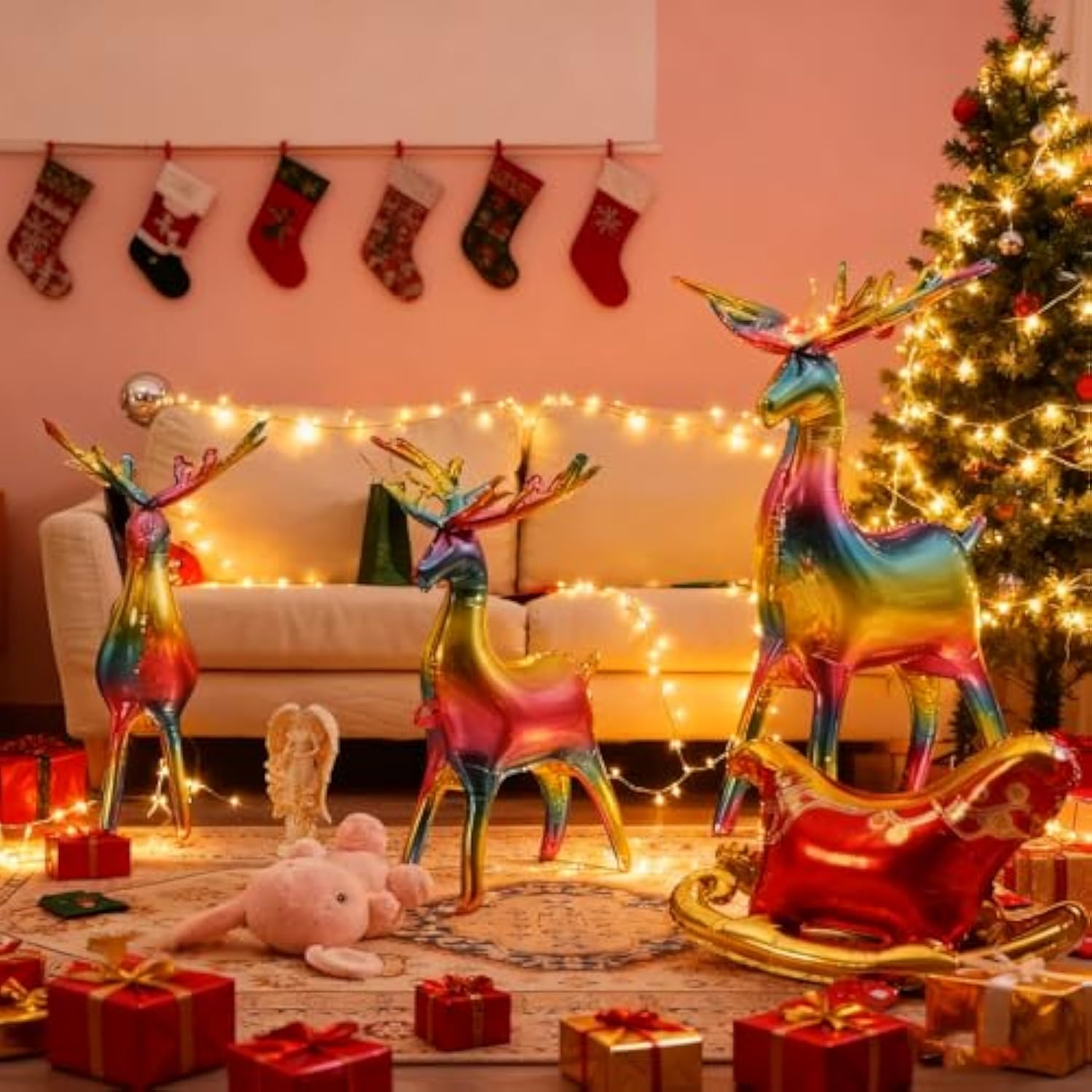 5 Pc Christmas Foil Balloons Reindeer Santa Sleigh Mylar Xmas Party Decor