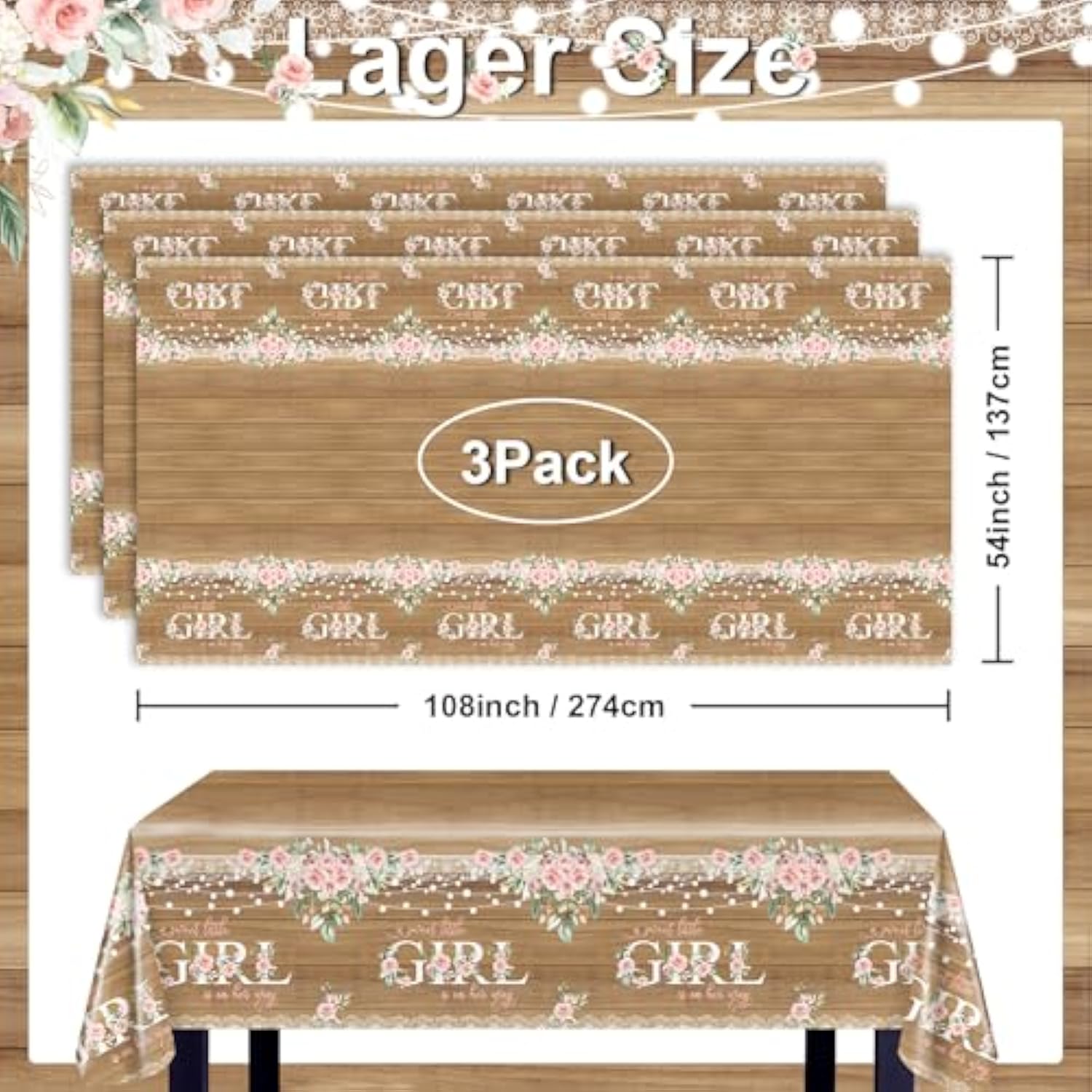 3Pcs Girl Baby Shower Tablecloth Rustic Girl Baby Shower Party Decorations Floral Sweet Tablecovers Decor Large Size, 108 X 54 Inches